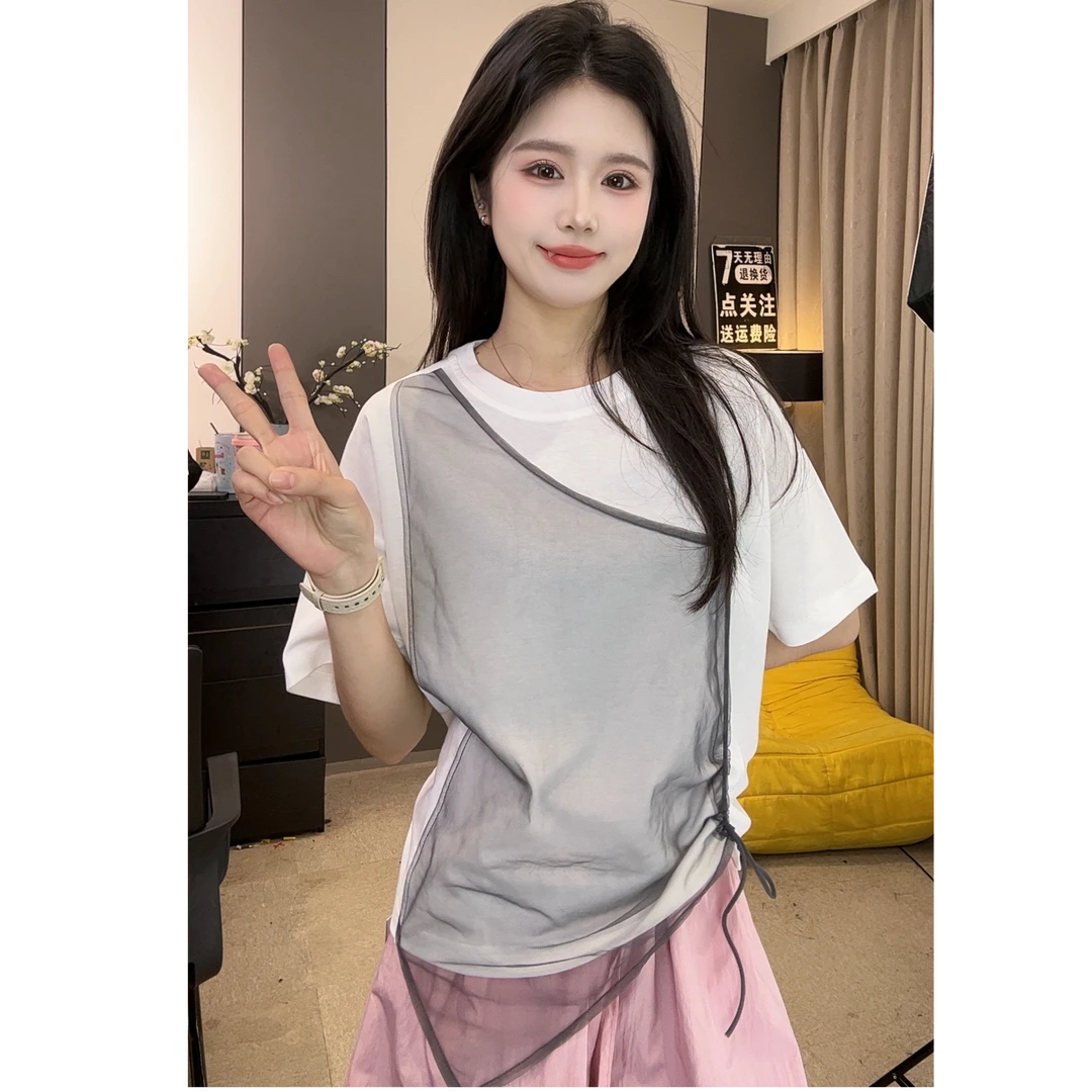 2025夏季新款韩版高级感时尚网纱拼接T恤女宽松短袖上衣