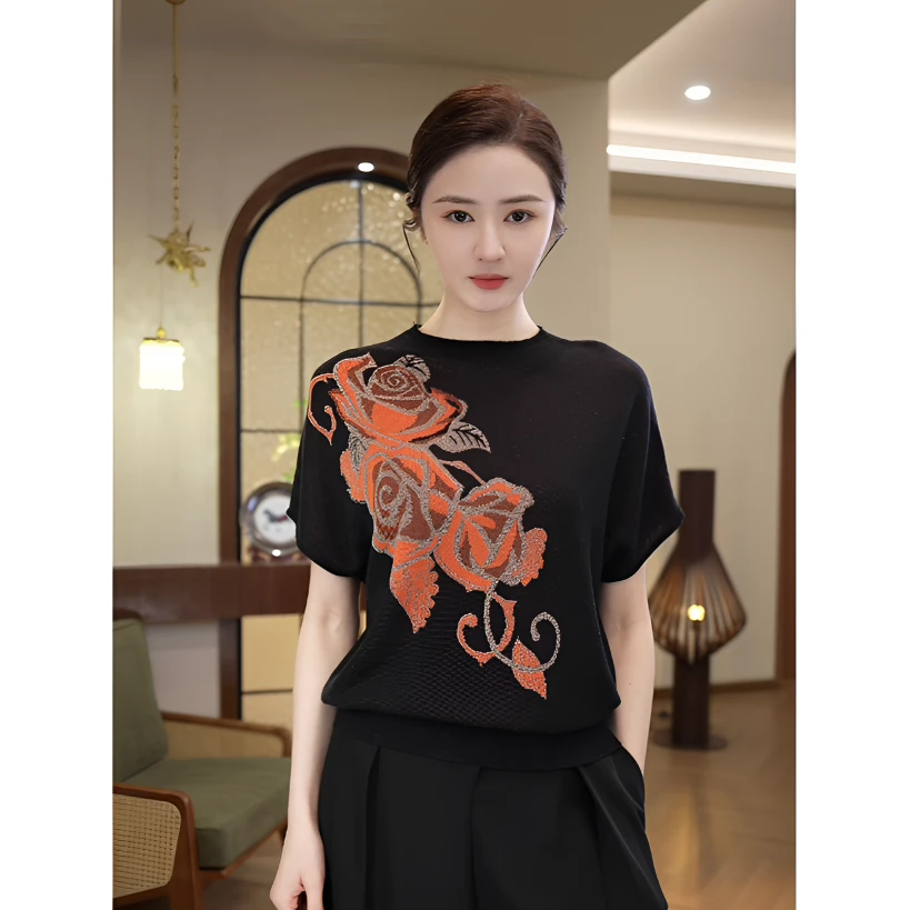 唐熹2025年夏季新款【7334】莱赛尔圆领黑色薄款通勤小众垂感小衫女