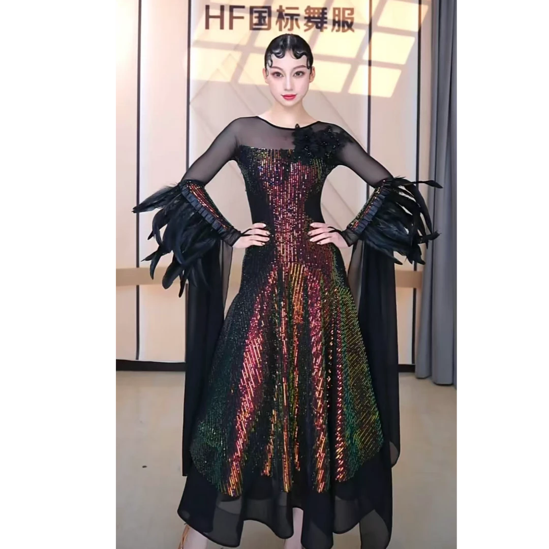 【HF品牌】SQ95鎏金幻彩女士交谊舞大摆连衣裙摩登舞表演比赛长裙