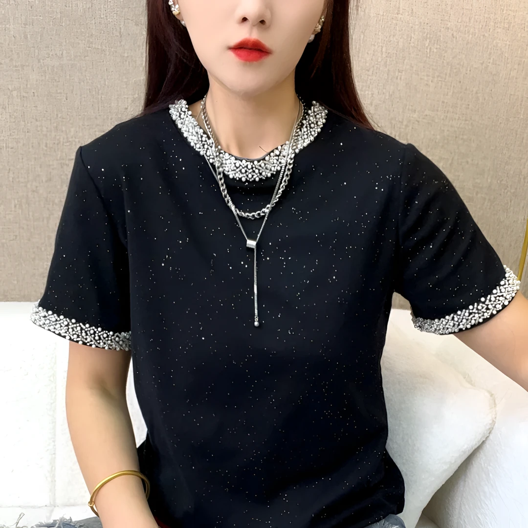 2025新款短袖T恤女休闲百搭亮片撒银修身显瘦钉珠夏季上衣086#
