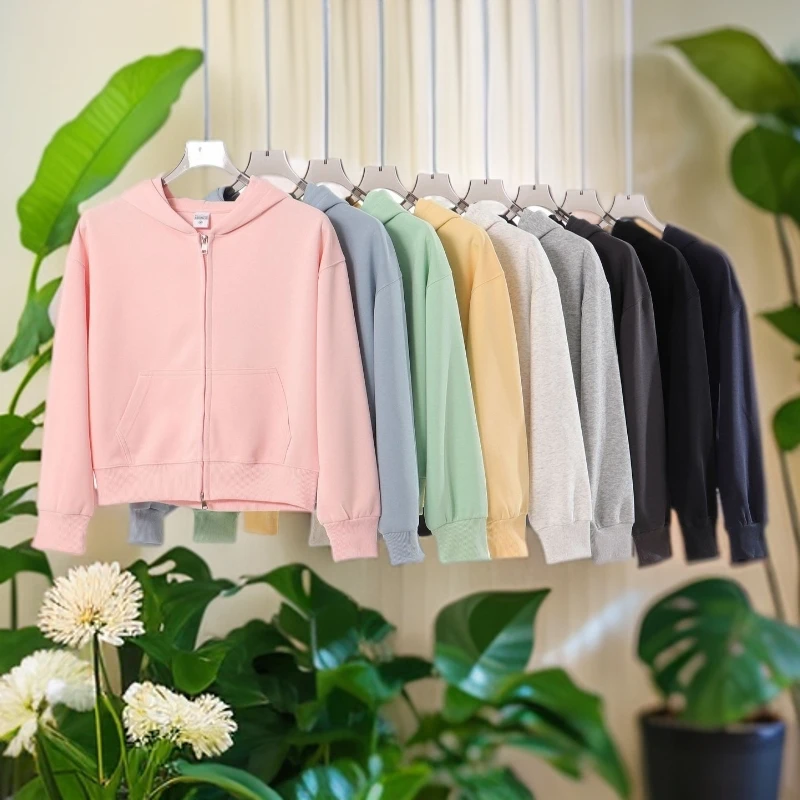 宽松型重磅350g华棉短款连帽拉链开衫外套女潮牌韩系简约休闲个性