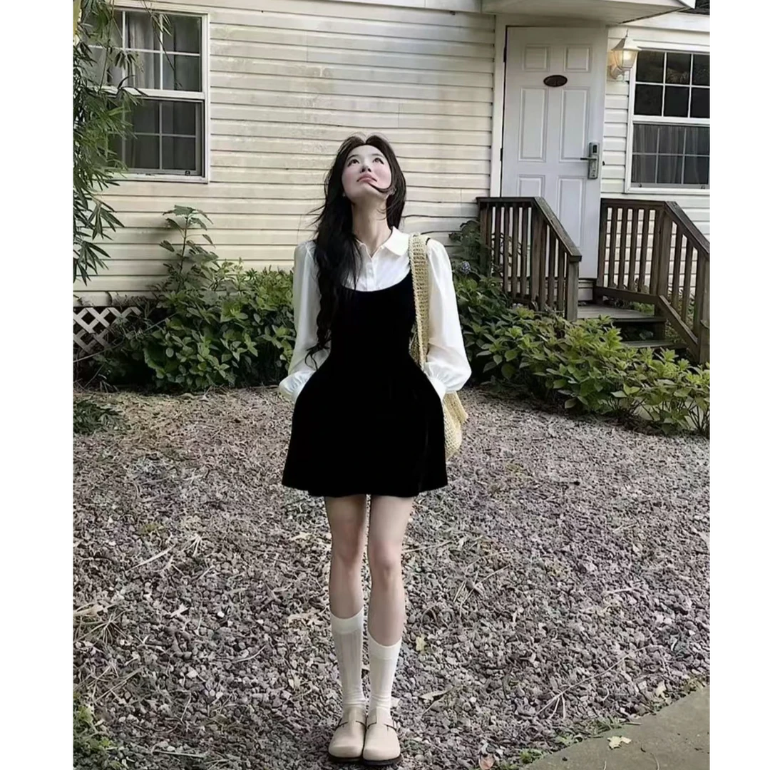 法式千金风娃娃领衬衫秋冬新款设计感连衣裙套装fy6621