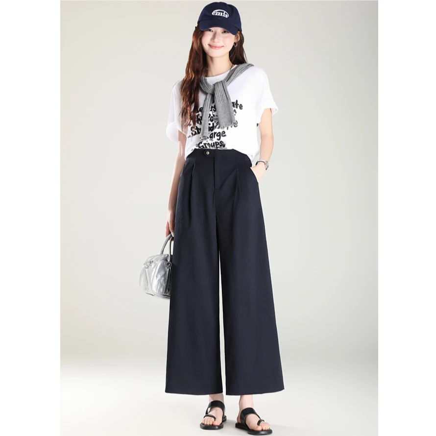 8923-【钛金棉】夏季显瘦高腰设计感直筒阔腿裤休闲裤