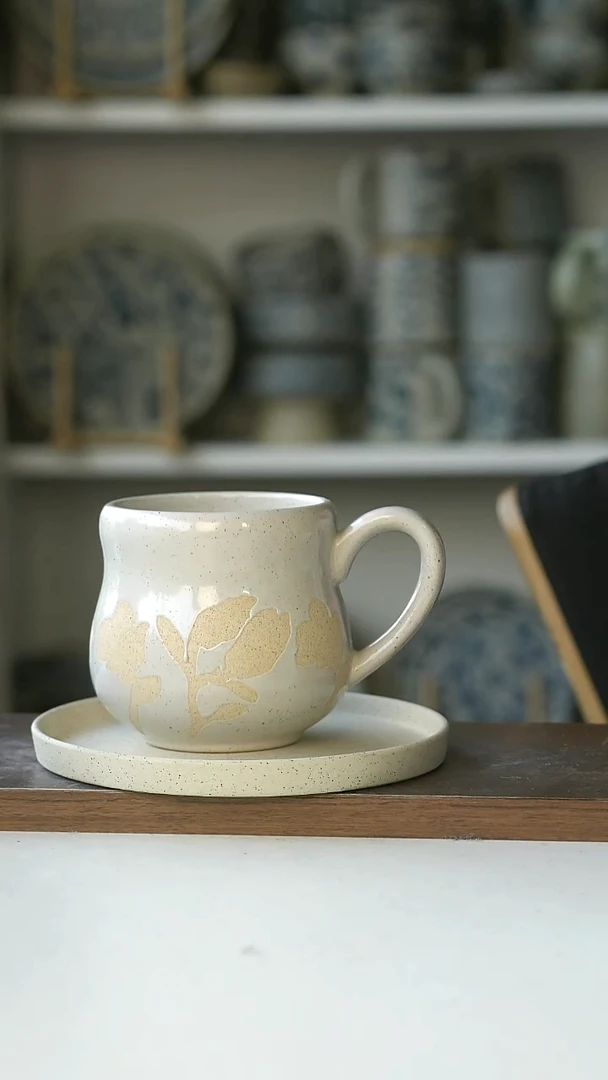 陶瓷微瑕山茶花马克杯400ml送碟子@7-10@