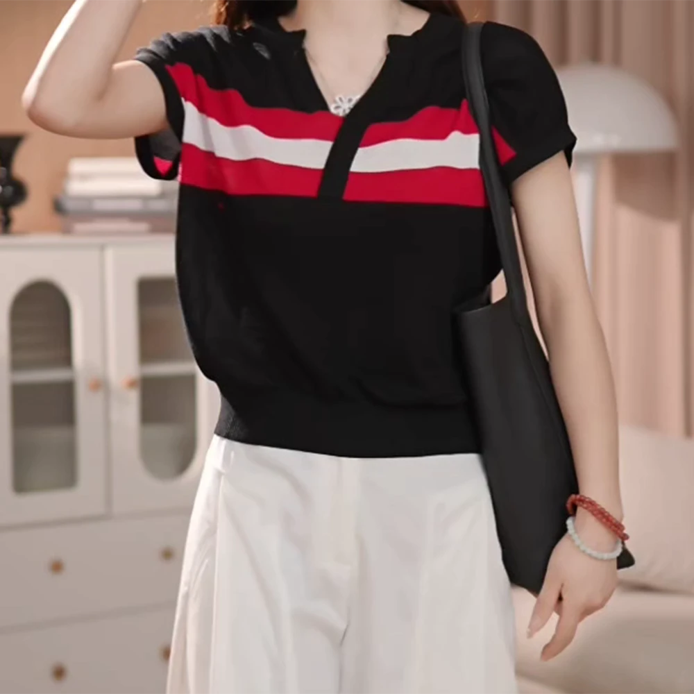 【羽衣甘蓝】2025新款百搭针织T恤女高级感条纹上衣薄款V领显瘦款