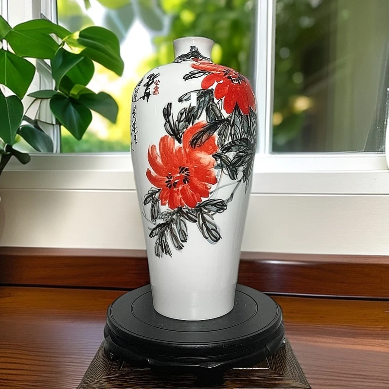唐山骨质瓷牡丹国色天香手工手绘玄关客厅家居摆件工艺品