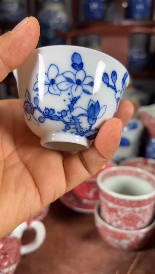 柴窑青花栀子花杯杯
