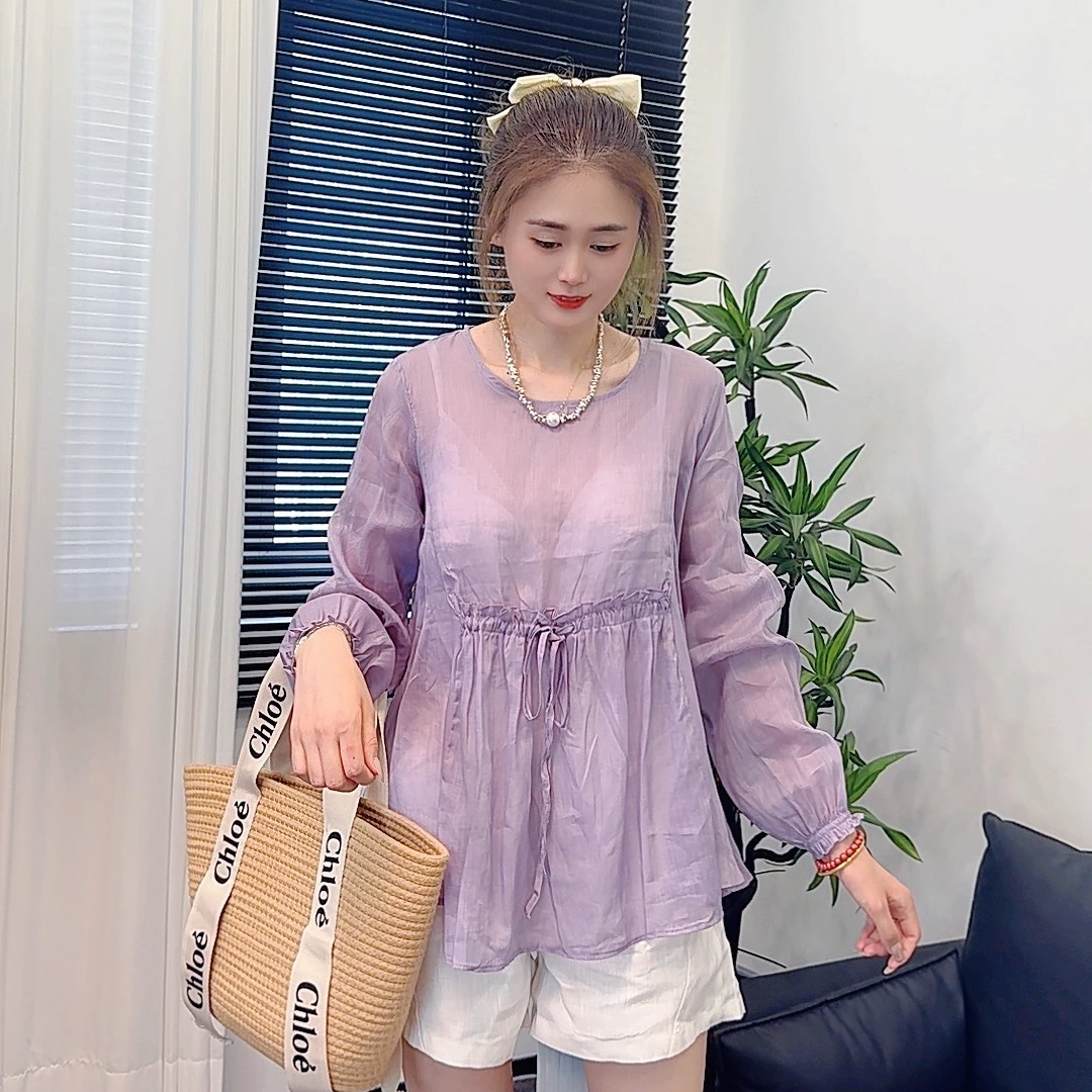亚麻小衫娃娃衫中长款常规袖纯色常规夏季时尚圆领2560