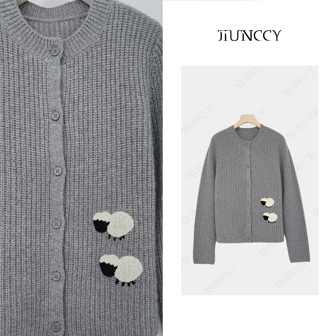 JIUNCCY【牧声】全羊毛小羊糕毛圈绣元宝针开衫毛衣 42ZZ272