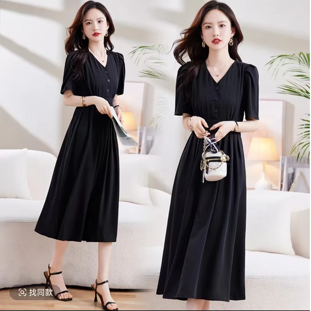 法式连衣裙女夏季新款优雅气质高腰8860墨