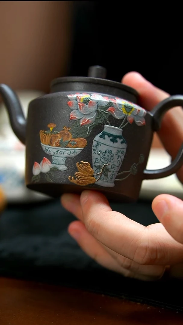 茶壶紫砂天青折肩荷花壶
