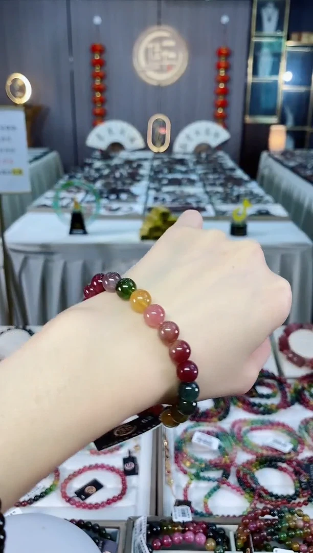 未镶嵌老矿碧玺油料色标彩虹单圈手串8mm+碧玺dan多样性发货一条