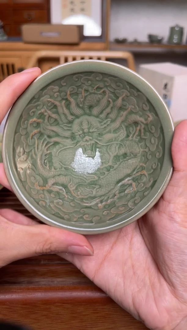 瓷器耀州窑李少勇龙纹斗笠盏 微瑕