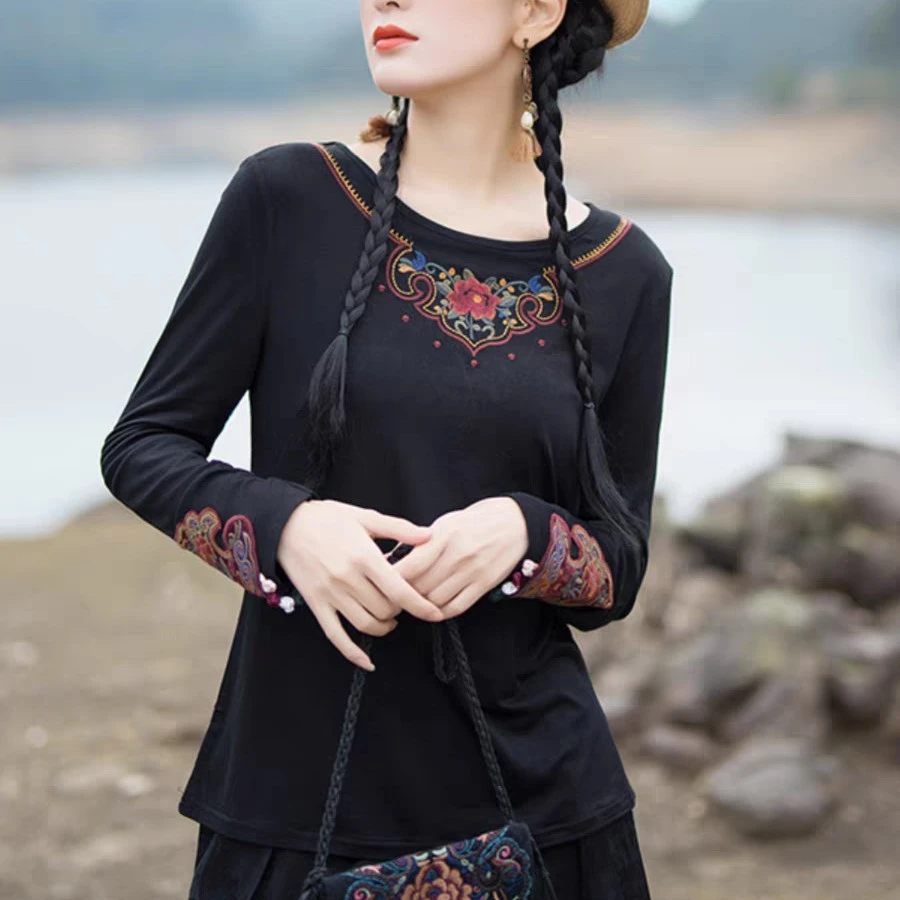 春季民族风女装黑色宽松显瘦高弹长袖T恤搭配马甲打底衫中式上衣