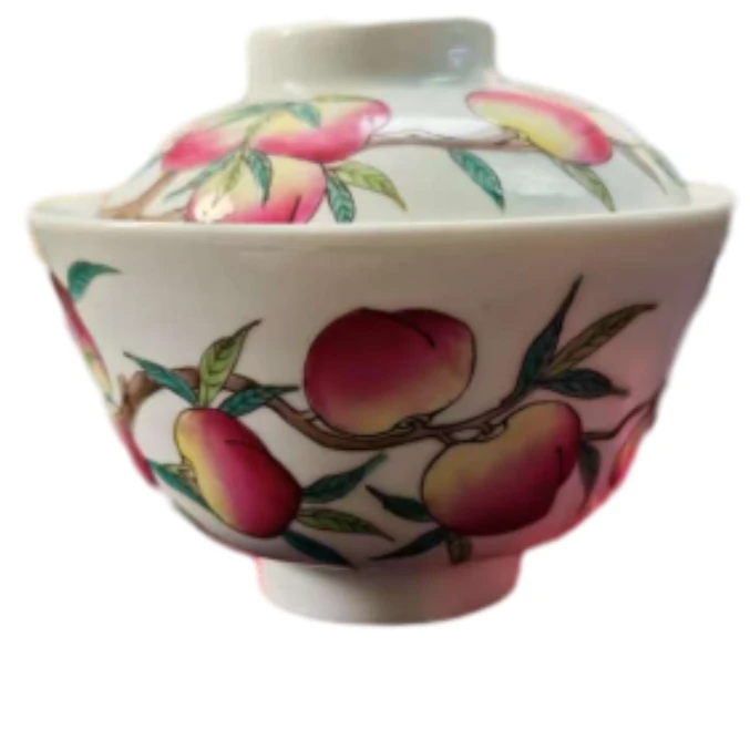 A2清同治粉彩寿桃二才盖碗