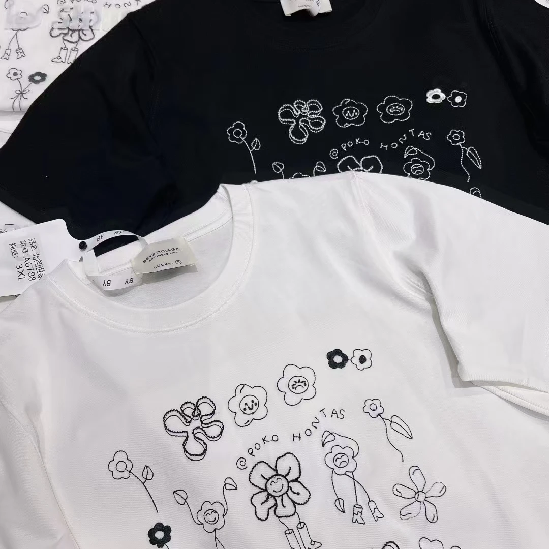 北尧夏季新款大码圆领正肩重工线条刺绣小花朵半袖T恤6788时尚