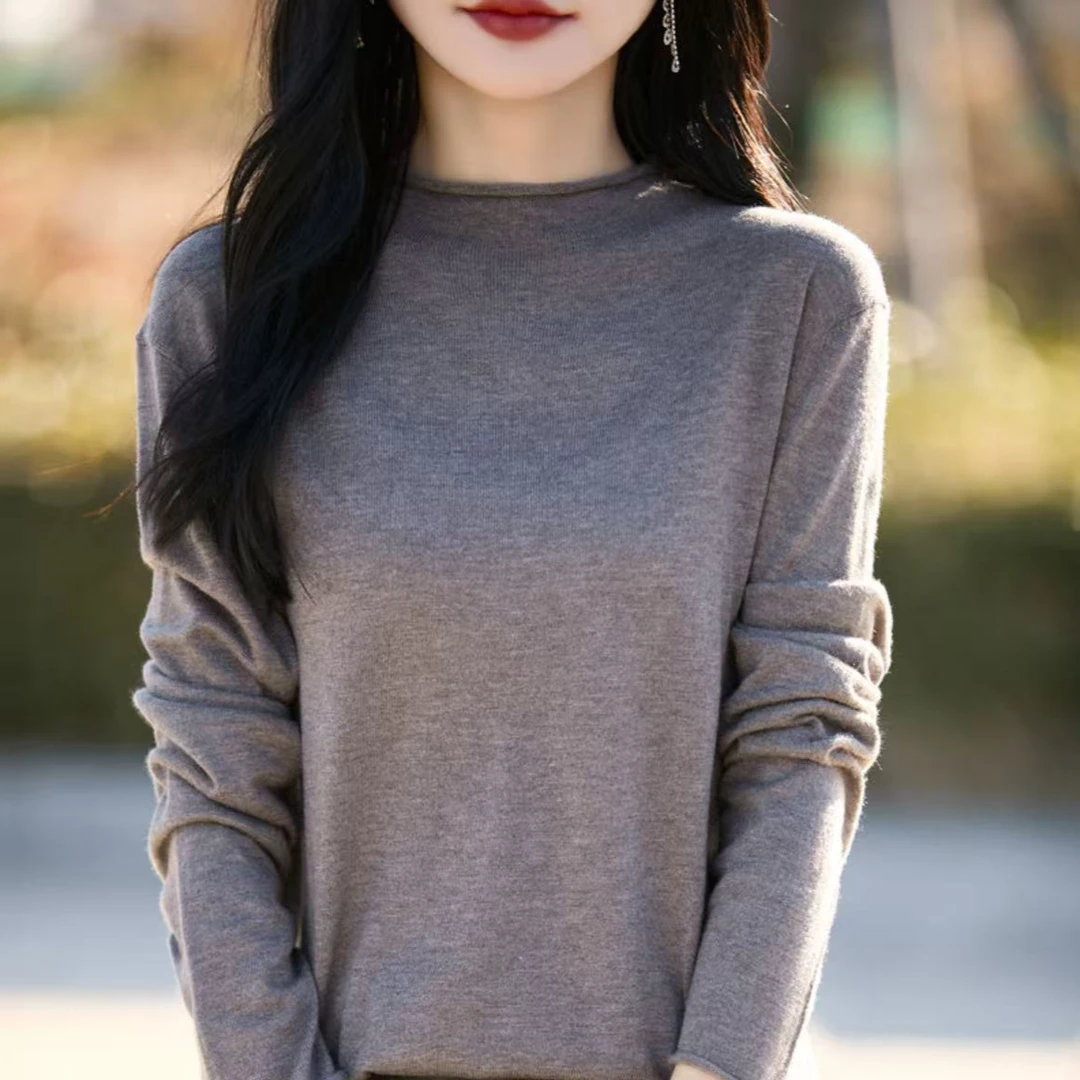 卷边半高长袖 68支细天丝羊毛薄款打底衫女！