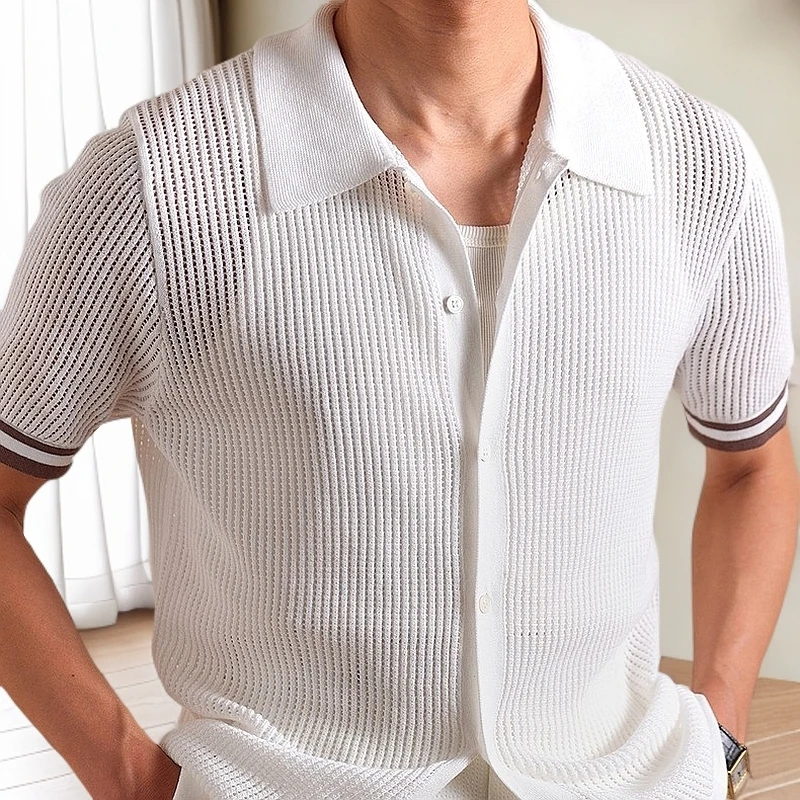 【轻薄棉麻混纺】常发修峰 米白色针织开衫polo短袖男休闲翻领上衣