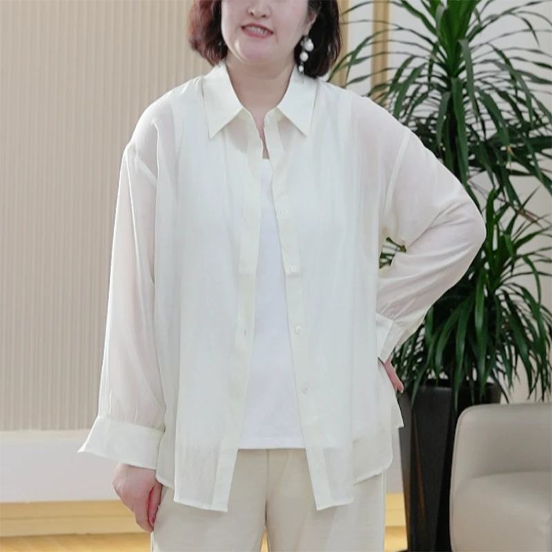 珠光天丝凉感纱开衫外套花朵扣后开叉超仙轻盈随性大码夏季衬衫女