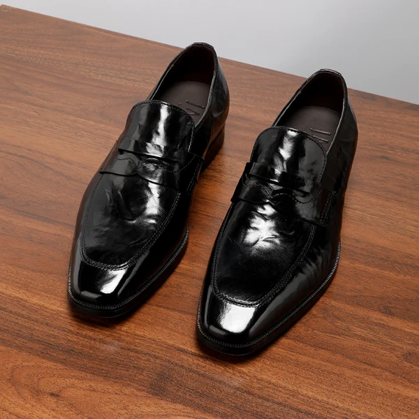 高档胎牛皮手抓纹男士乐福鞋一脚蹬商务休闲皮鞋男真皮套脚懒人鞋