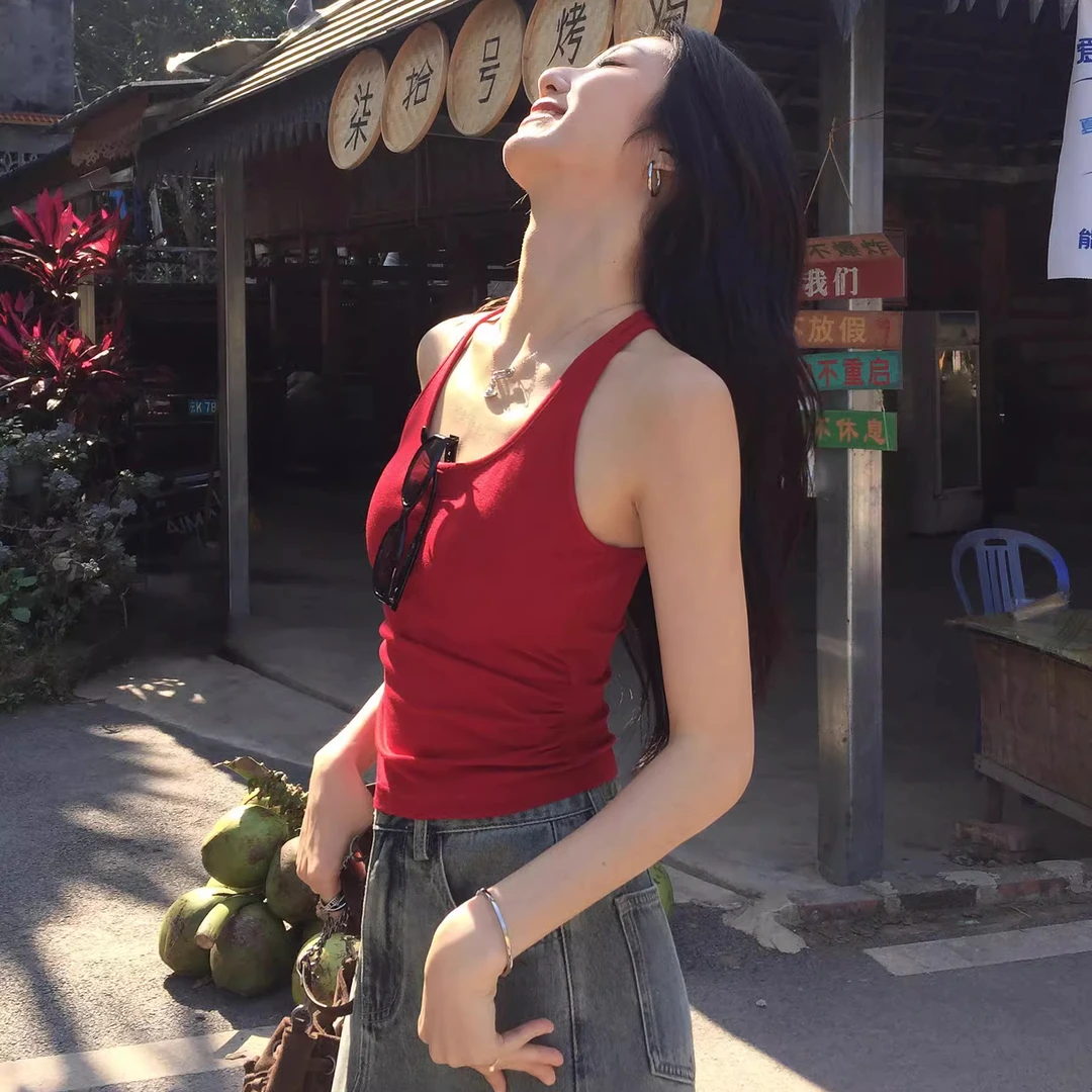 MiiOW/猫人基础红色带胸垫吊带背心女外穿夏季修身工字短款上衣