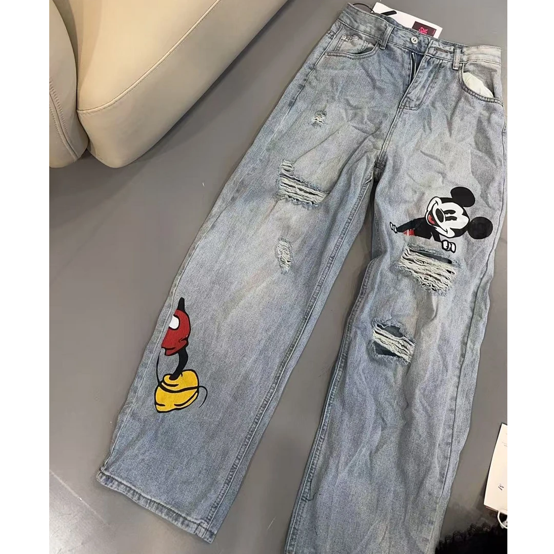 【文乐乐】夏季新款洋气个性米奇印花时尚休闲潮流做旧牛仔裤89850