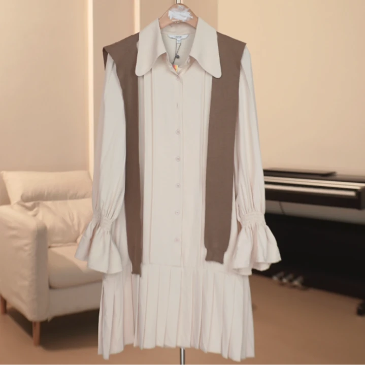 G944 中长款百褶下摆衬衫连衣裙+披肩两件套 2C45