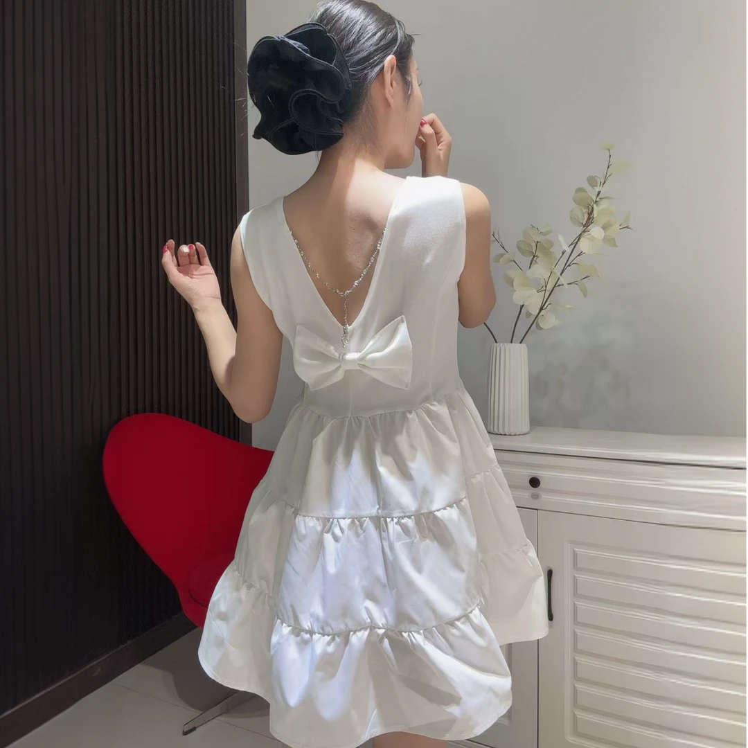 韩版洋气小众美背链条蝴蝶结收腰显瘦连衣裙2602