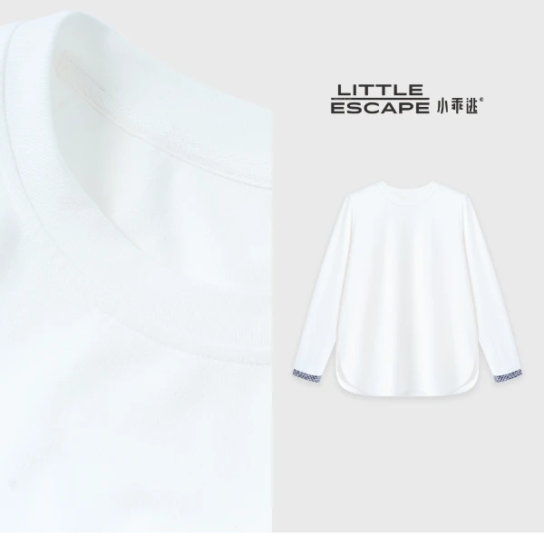 小乖逃双色！白色藏蓝T恤卫衣圆领打底格子袖纯色简约秋冬款S25750