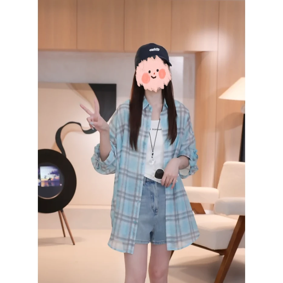 韩系时尚高级气质慵懒风防晒格子衬衫外套+内搭吊带背心两件套装