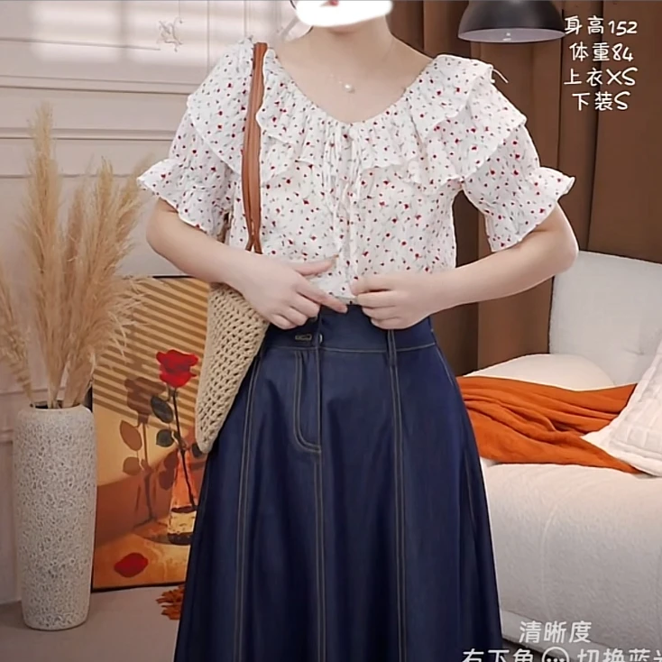 116#150小个子法式荷叶边清晰碎花衬衫女复古小衫感一字肩上衣