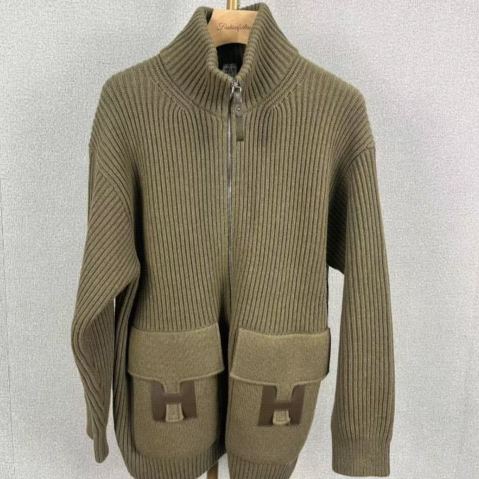 全新未使用 Hermes/爱马仕 橄榄绿 拉链针织开衫/36