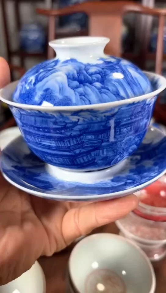 柴窑青花楼台庭阁杯杯