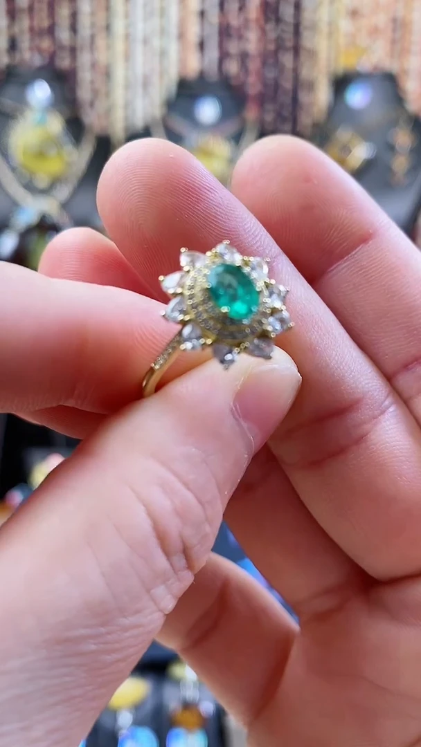 祖母绿戒指银S925镶嵌戒指