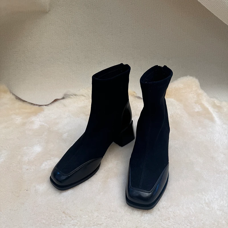 高跟绒面瘦瘦短靴女秋冬新款配裙子法式单靴720-183B