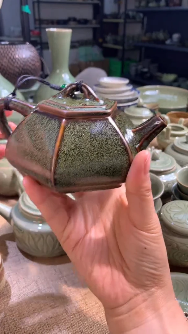 耀州窑微瑕小缩釉茶叶沫釉六方壶一只