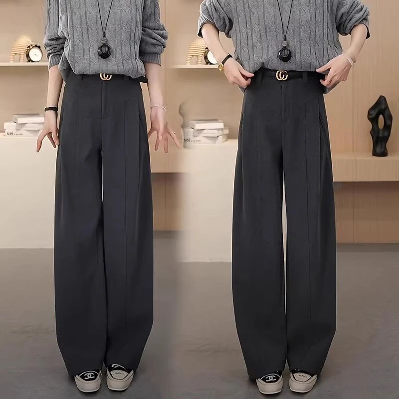 月岩灰羊毛呢阔腿裤女2025年秋冬加厚新款高腰休闲裤子直筒风琴裤