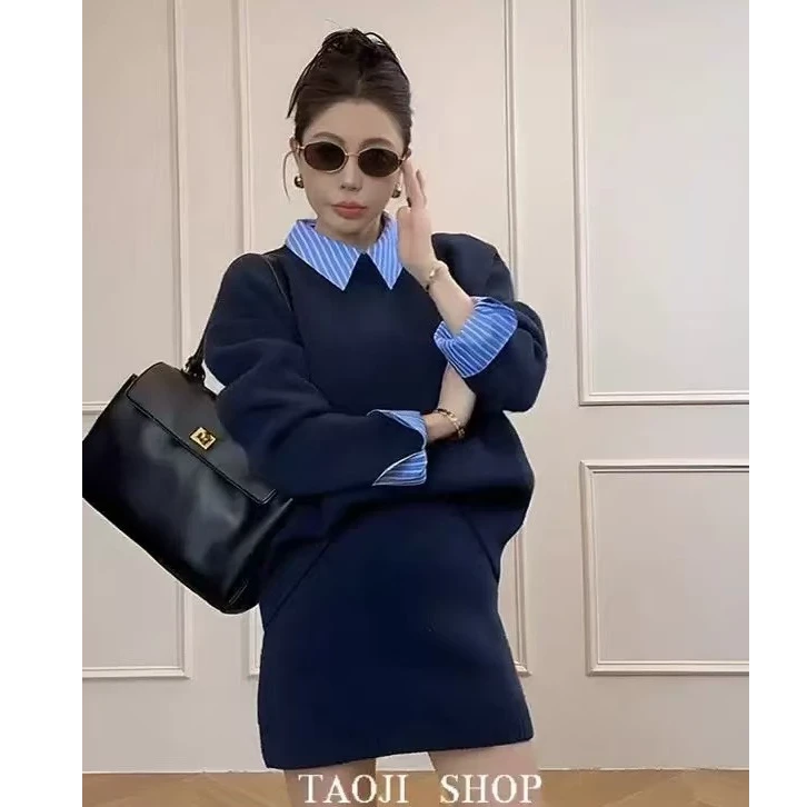 韩版时尚气质拼接衬衣领厚款毛衣短裙两件套女时尚冬季穿搭一整套