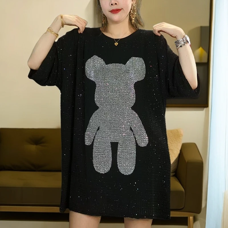 满钻熊-潮流夏季半袖字母镶钻春夏黑色T恤长款通用百搭短袖宽松型