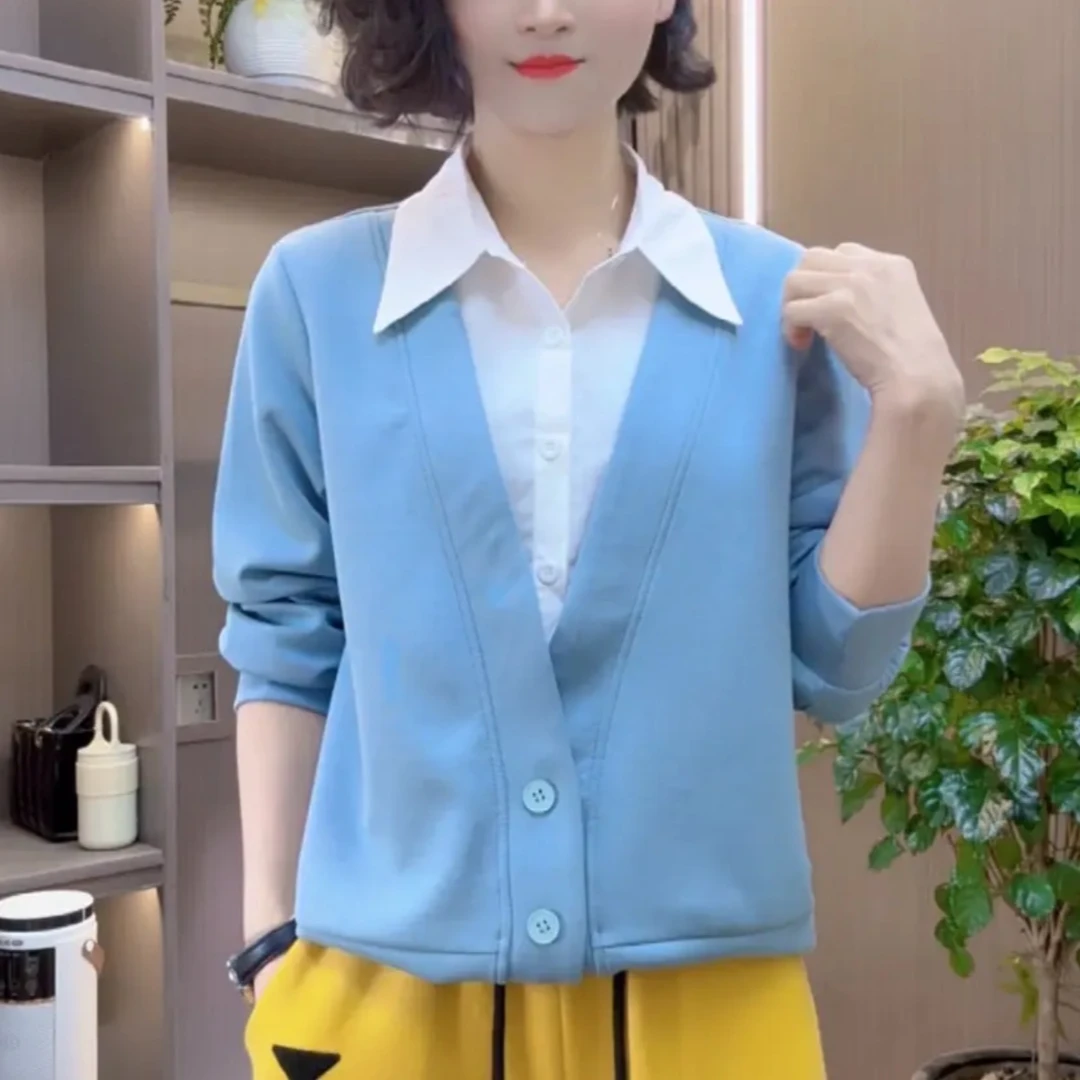 春秋新款时尚衬衫领设计感气质休闲百搭洋气宽松假两件长袖上衣