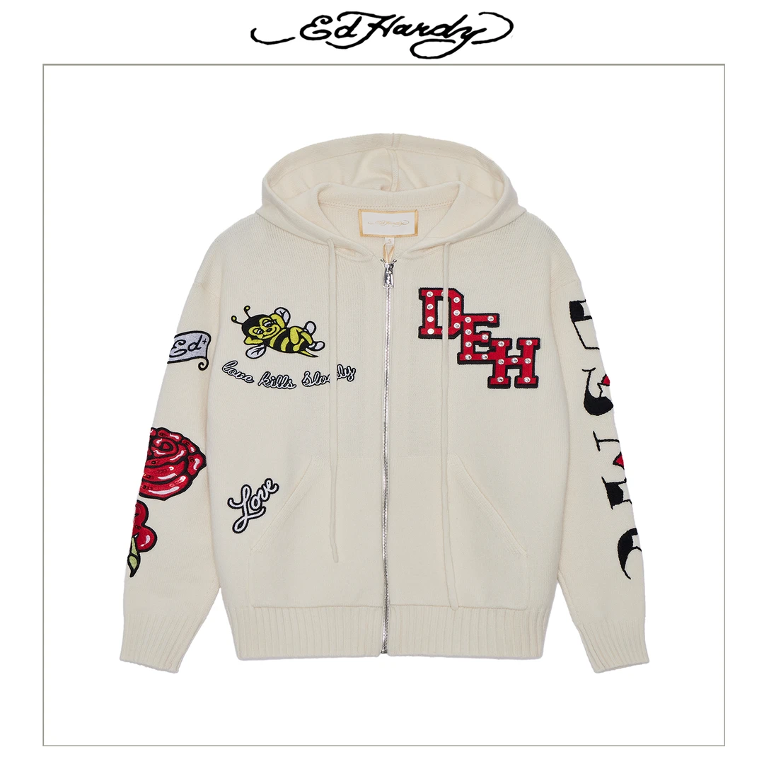 Ed Hardy/埃德哈迪秋冬新款设计师款绵羊毛针织开衫E1PDW325