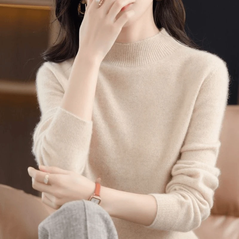 温柔减龄款~秋冬新款一线成衣半高领纯羊毛衫女打底百搭显气质