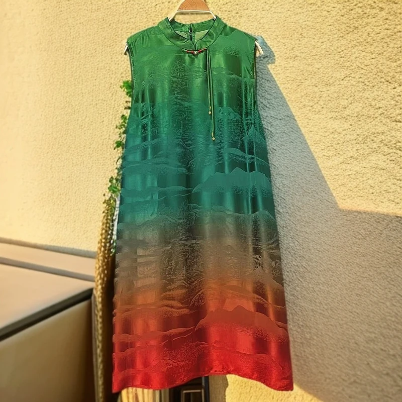 晒家2025高奢100%桑蚕丝印花锻面渐变色刺绣提花时尚新中式连衣裙