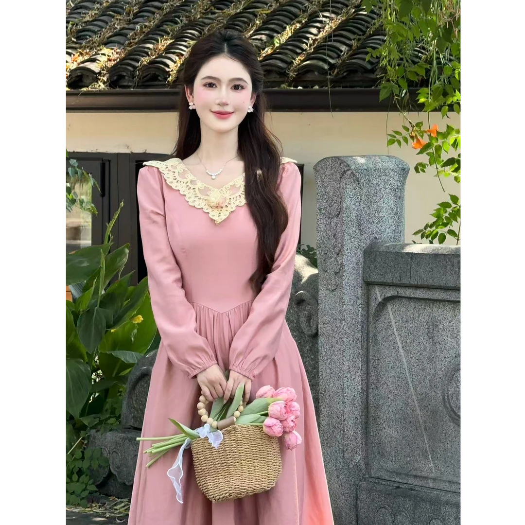 【蜜桃少女】LiLi法式宫廷风复古设计款粉色蕾丝连衣裙XMZH9106