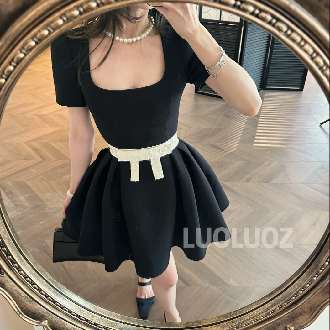 【现货】LUOLUOZ【春樱漫舞】气质背带方领撞色时尚长款连衣裙JF599
