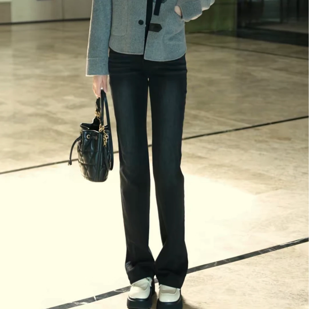 哥弟秋冬新款高腰百搭时尚显瘦植绒微喇牛仔长裤女110017