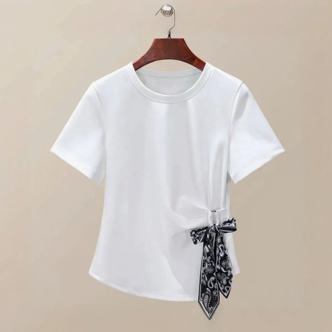 夏季新款时尚气质丝巾绑带收腰褶皱设计感短袖T恤-25252