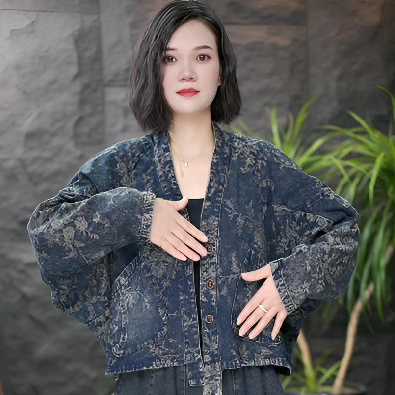 FF短外套短款厚款拼接女时尚常规款上衣春季翻领长袖复古提花外套