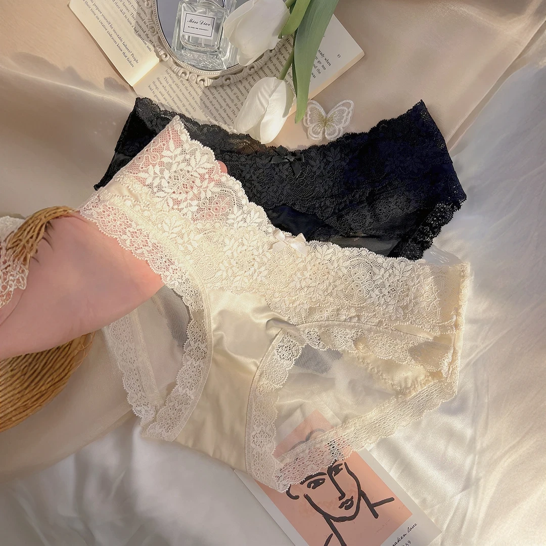 轻奢法式缎面内裤女性感蕾丝爆款薄款舒适透明诱惑女款低腰三角裤