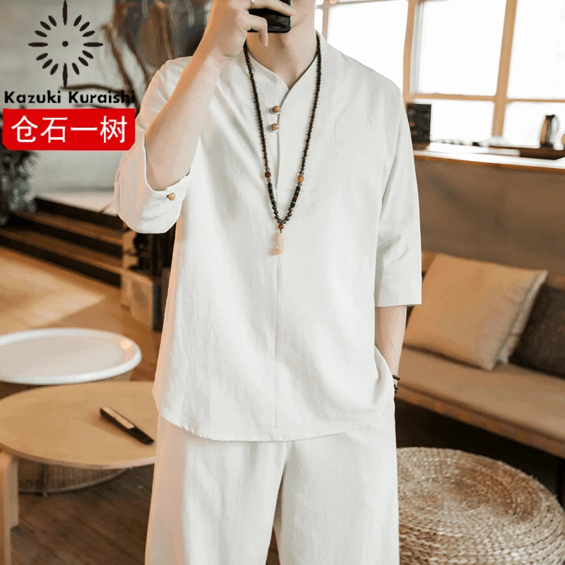 仓石一树夏季复古风汉服禅服茶服白色亚麻男T恤成人衣服高级感